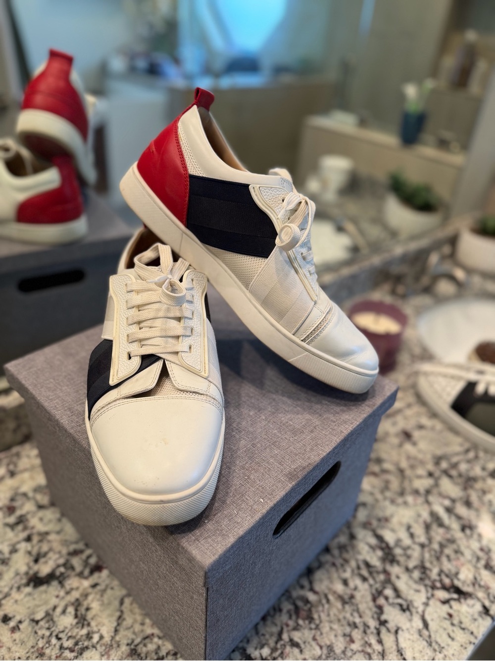 Christian Louboutin White Sneakers with Black Stripe and Red Heel Accent